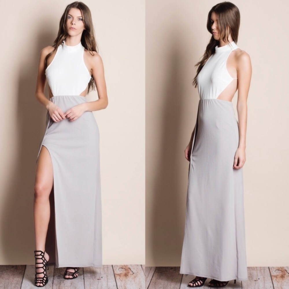 NWT Gray & White Cutout Color Block Backless Maxi Dress Size Medium